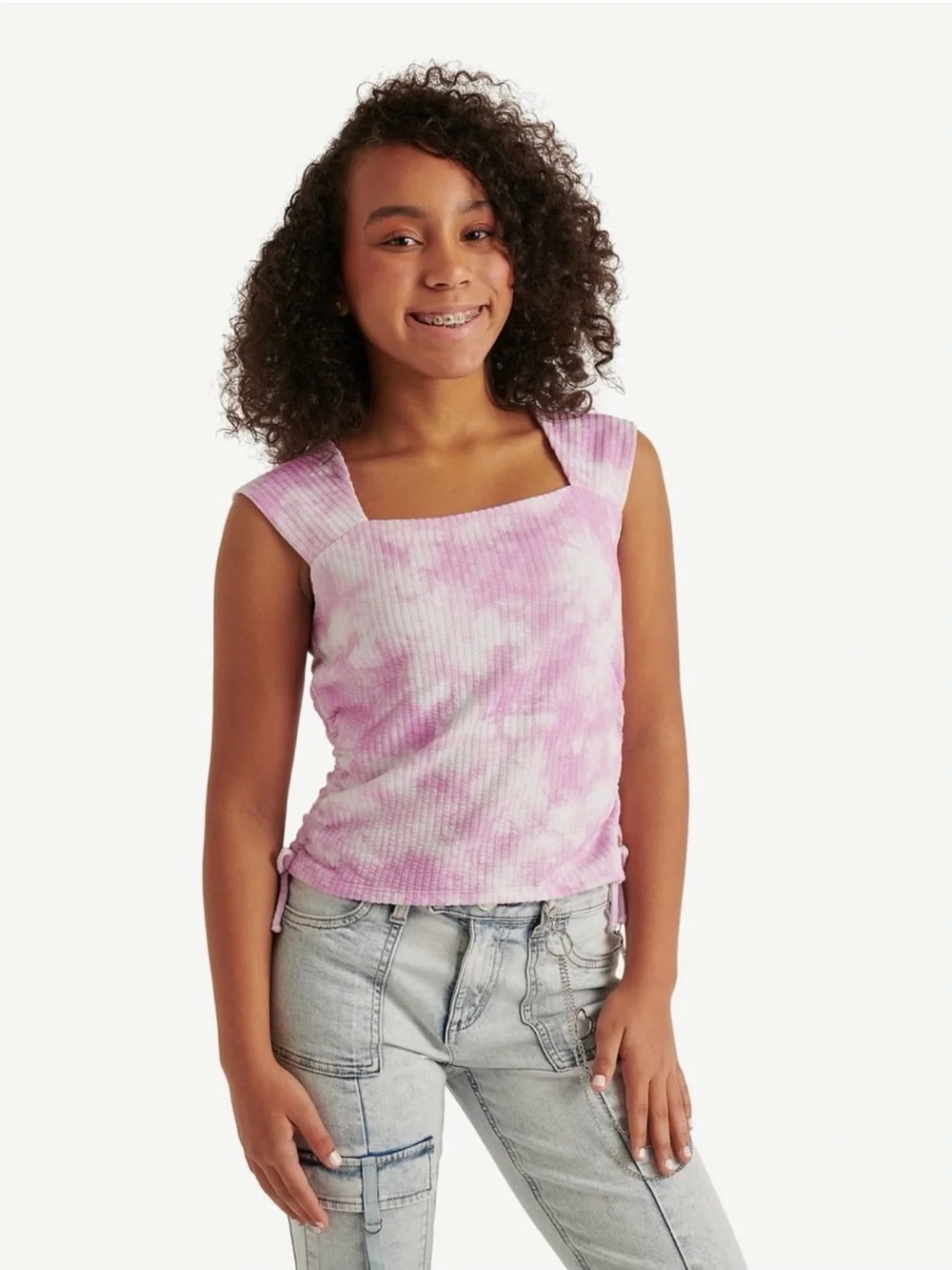 Justice Girls Tie-Dye Ribbed Square-Neck Tank Top - Pink size 5/6